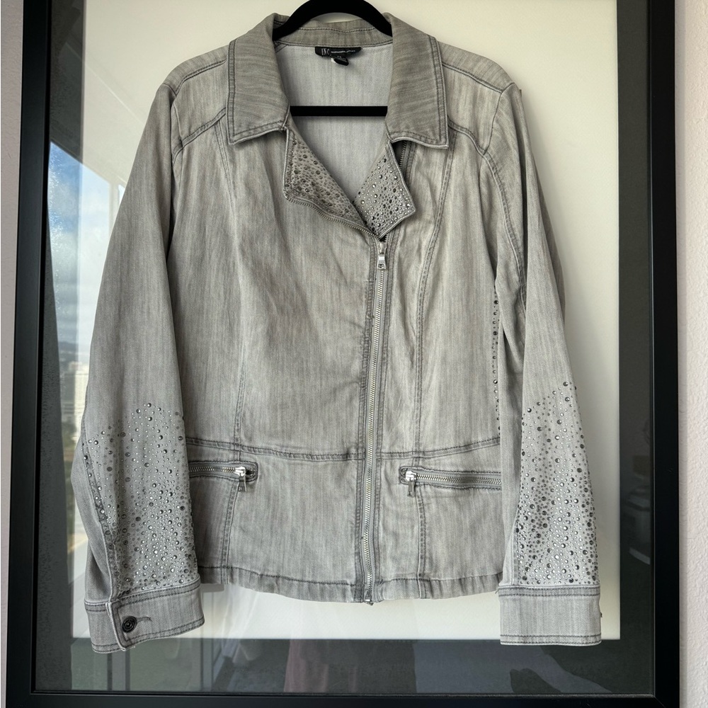 Gray Denim Embellished Motorcycle style Jacket